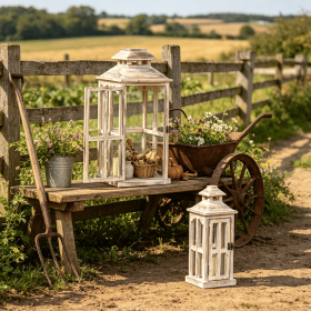 2 Pack Large 28'/20'' Rustic Wooden Lanterns - Natural Indoor/Outdoor Decorative Lighting No Glass Home Decor